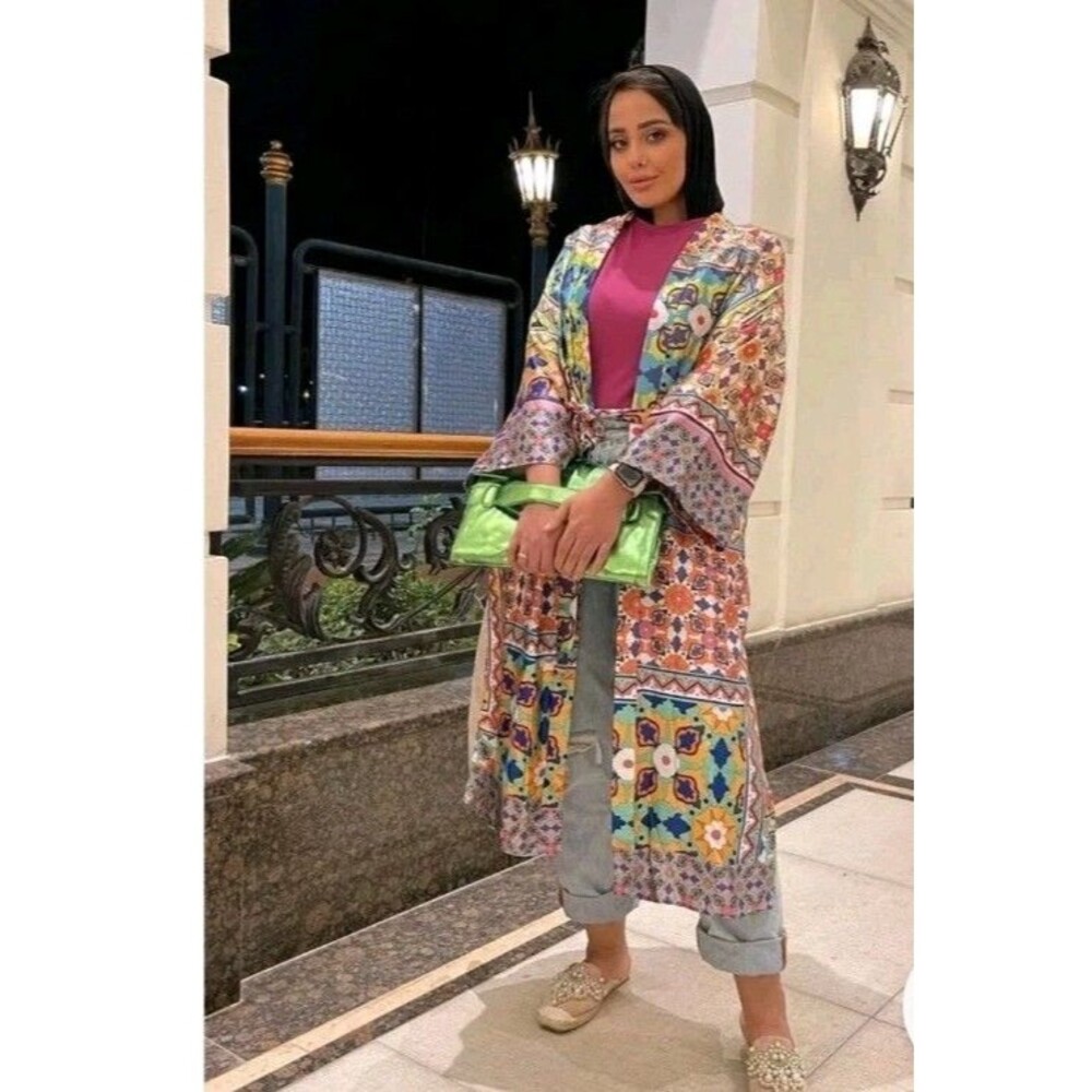 Zara Kimono Robe XS Wild Print Patchwork Midi Open Front with Tie Satin Lining - Picture 11 of 16